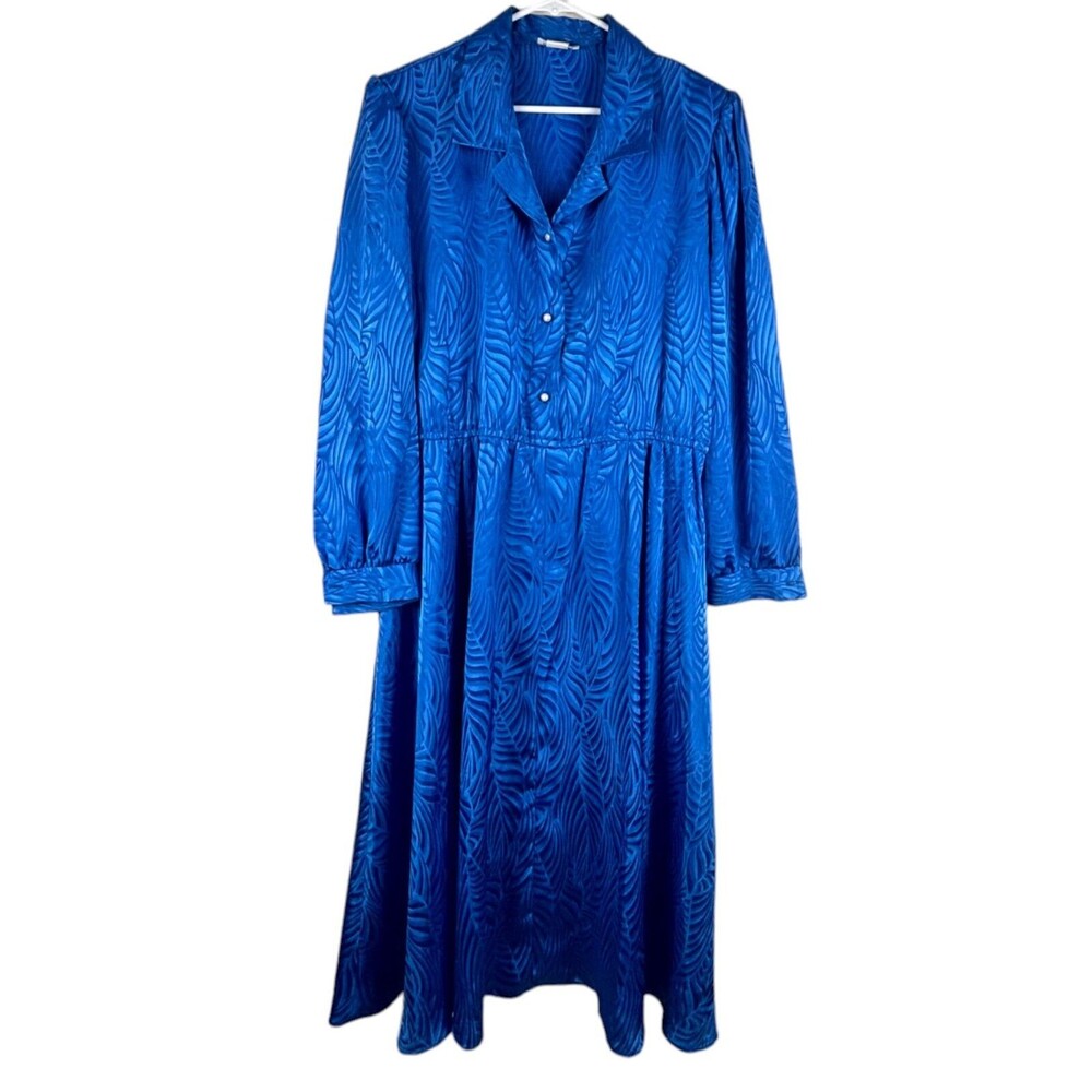 IFI Womens Blue Leaves Blouson Midi Dress Long Sleeve Button Front Collared